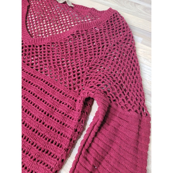 Nine West American Vintage Crochet Fringe Tunic Top Sweater Size M Burgundy - Picture 2 of 10